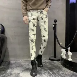 YASUGUOJI Новый 2019 в стиле панк двигатель штаны из искусственной кожи для мужчин Хип Поп Мода Тонкий печати белый искусственная кожа кожаные