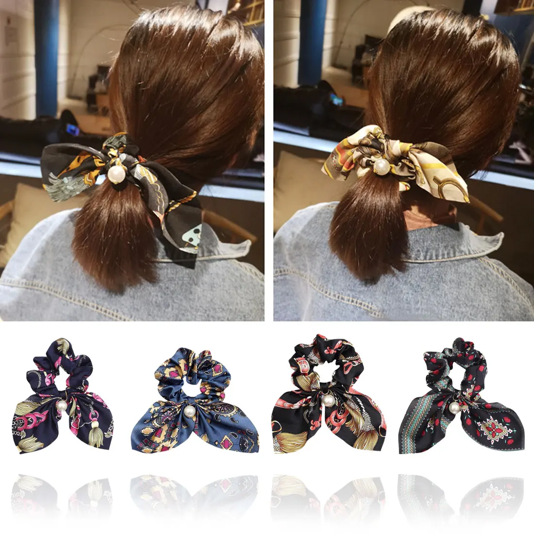 

Ladies Long Ribbon Large Intestine Hair Rope Handkerchief Scarves Bowknot Vintage Ponytail Holder Colored Metal Chain