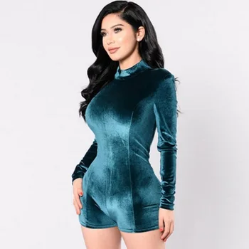 

Women Budycon Sexy Club Bodysuits Solid Elegant Jumpsuit Black Velvet Playsuits Long Sleeve Ladies Turtleneck Body Mujer Rompers
