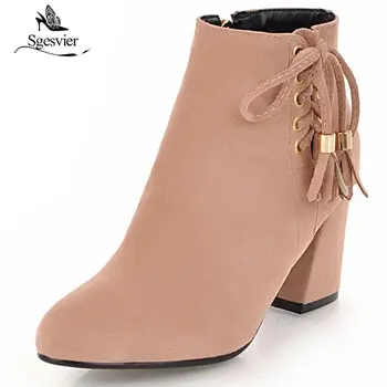 

Sgesvier Winter Women Ankle Boots Fashion Black Platform Bowtie Square High Heel Pointed Toe Women Boots Big Size 33-48 OX636