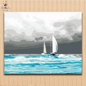 

Yacht boat Blue ocean pictures painting by numbers with colors modren simple canvas numbers paintings for children painting