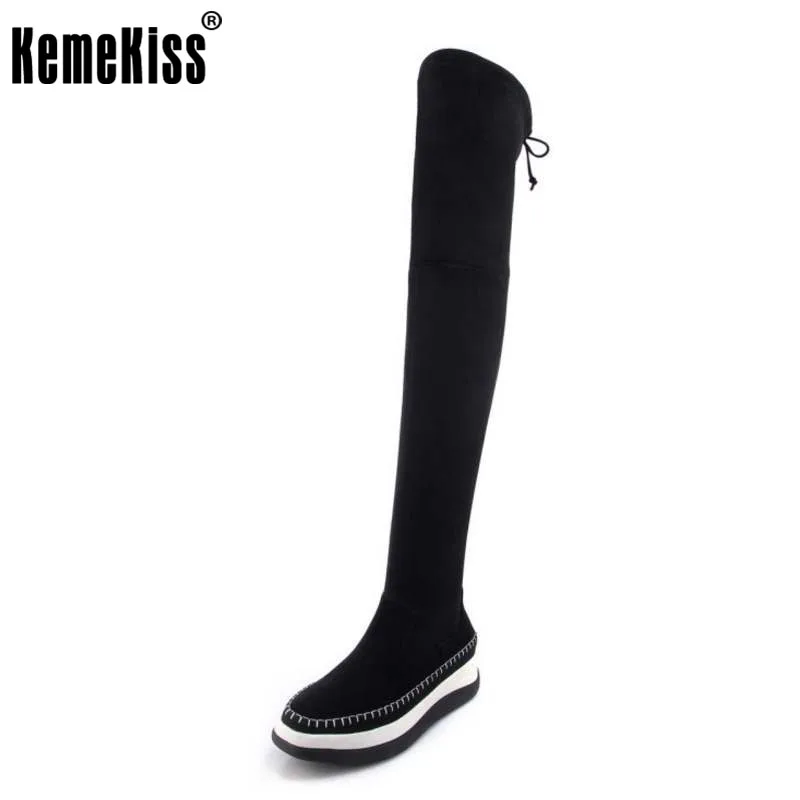 

KemeKiss Winter Shoes Women Real Leather Over Knee Thigh High Boots Female Thick Platform Zip Elastic Warm Botas Size 34-39