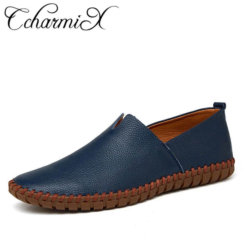 Kopen CcharmiX Echte Koe lederen Heren Instappers Mode Handgemaakte Mocassins Zacht Leer Blauw Slip Op mannen Boot Schoen PLUS SIZE 38 ~ 47