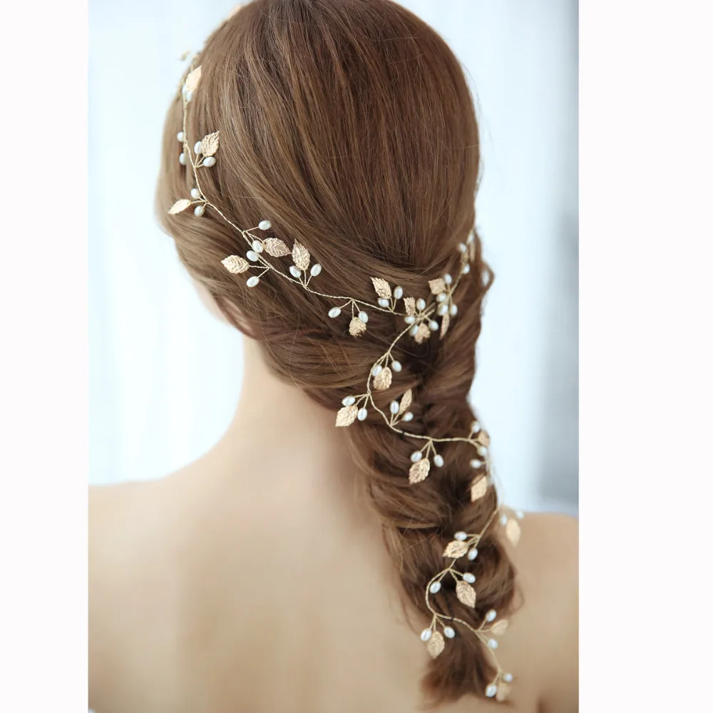 Simple Long Hair Vine Gold Leaf Bridal Headband Handmade Pearls Wedding Headpiece 2018 (5)
