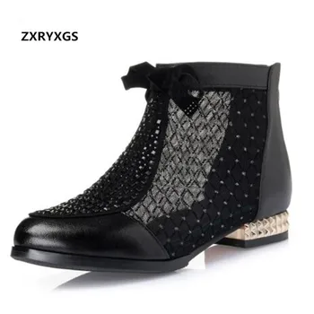 

ZXRYXGS Brand Shoes Woman Sandals Cowhide Mesh Ankle Boots Fashion Elegant 2019 Spring Summer Low Heel Women Sandals Plus Size