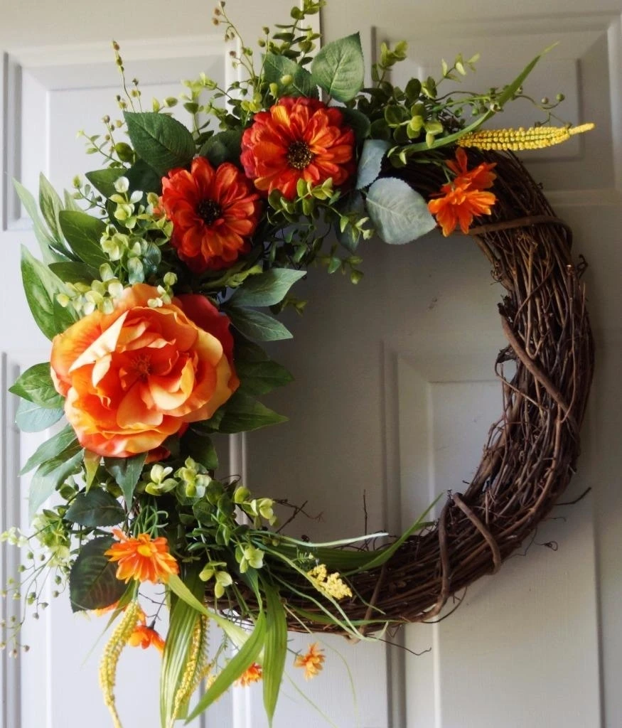Summer Wreath, Orange Rose Country Rustic Roses Eucalyptus Wreath (1)