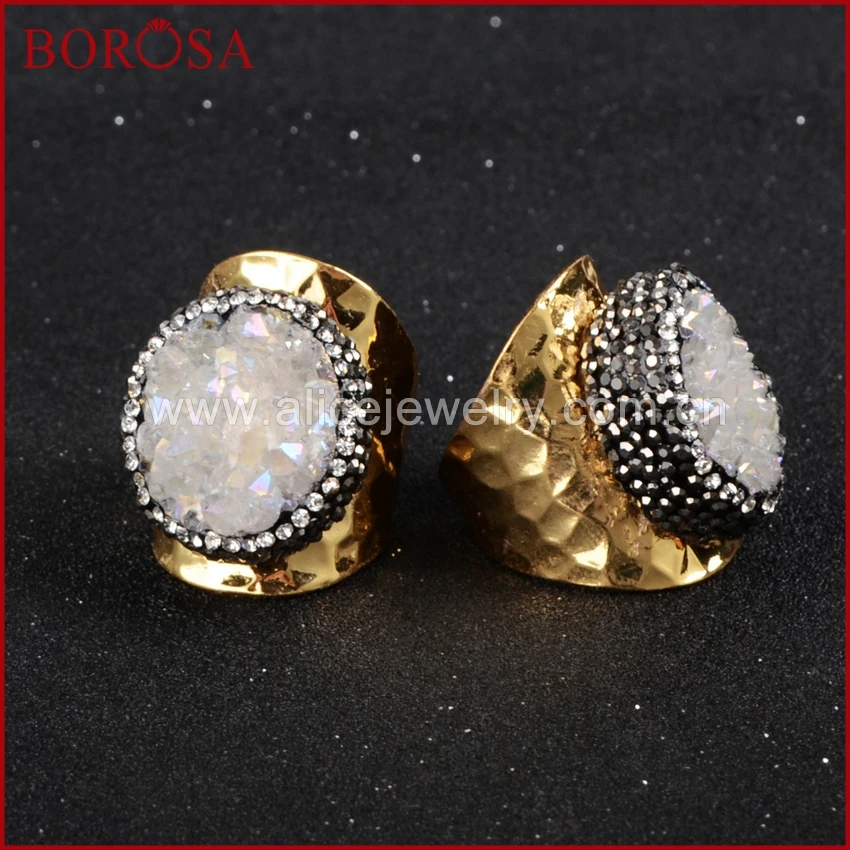 

BOROSA Fashion Drucy Bang Ring Round Natural Crystal Druzy Titanium AB Geode Stone Pave CZon Edaged Gold Color JAB128