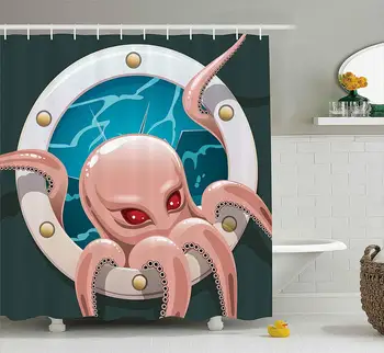 

Kraken Octopus with Tentacles in Ship Porthole Cartoon Style Illustration Retro Art, Polyester Fabric Bathroom Shower Curtain