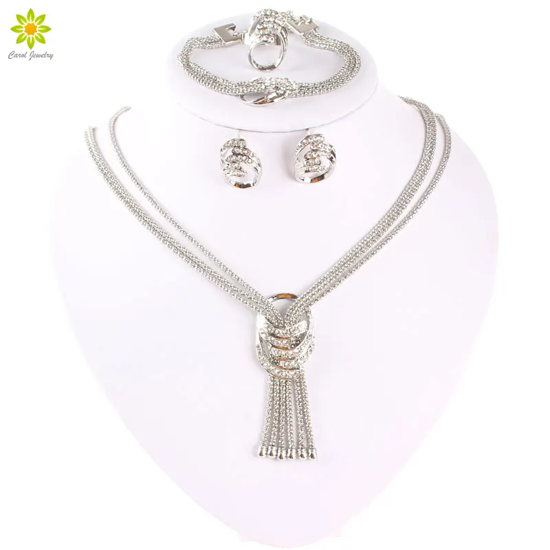 

New Arrival Fashion Women Clear Crystal Silver Plated Wedding Party Necklace Bracelet Earrings Ring Jewelry Sets