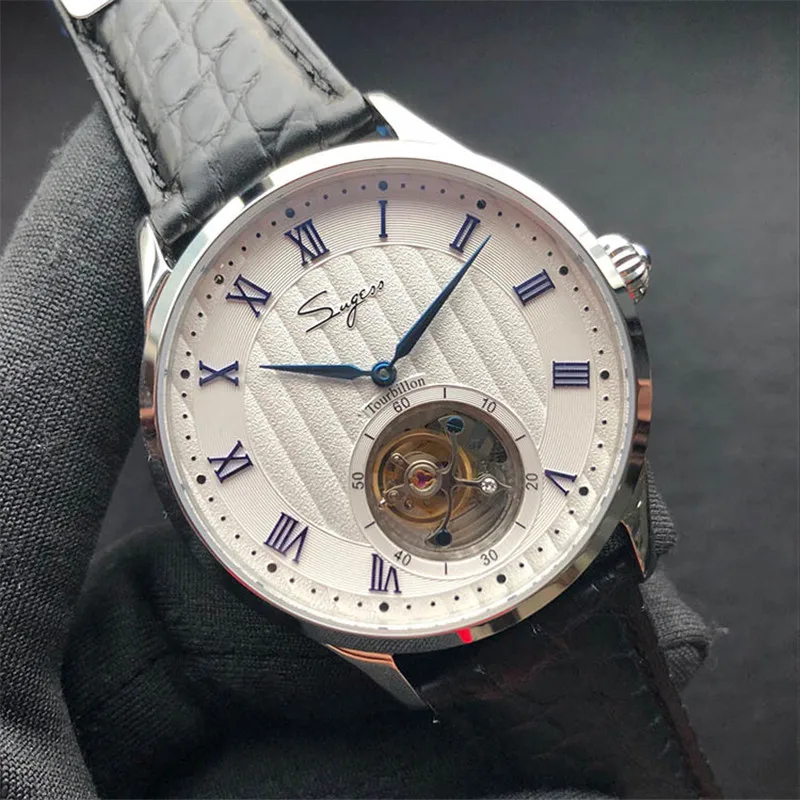 

Top Skeleton Sea gull tourbillon Watch Men Crocodile Leather Hand-Winding Mechanical Wrist Watch Mens ST8002 horloge mannen 5ATM