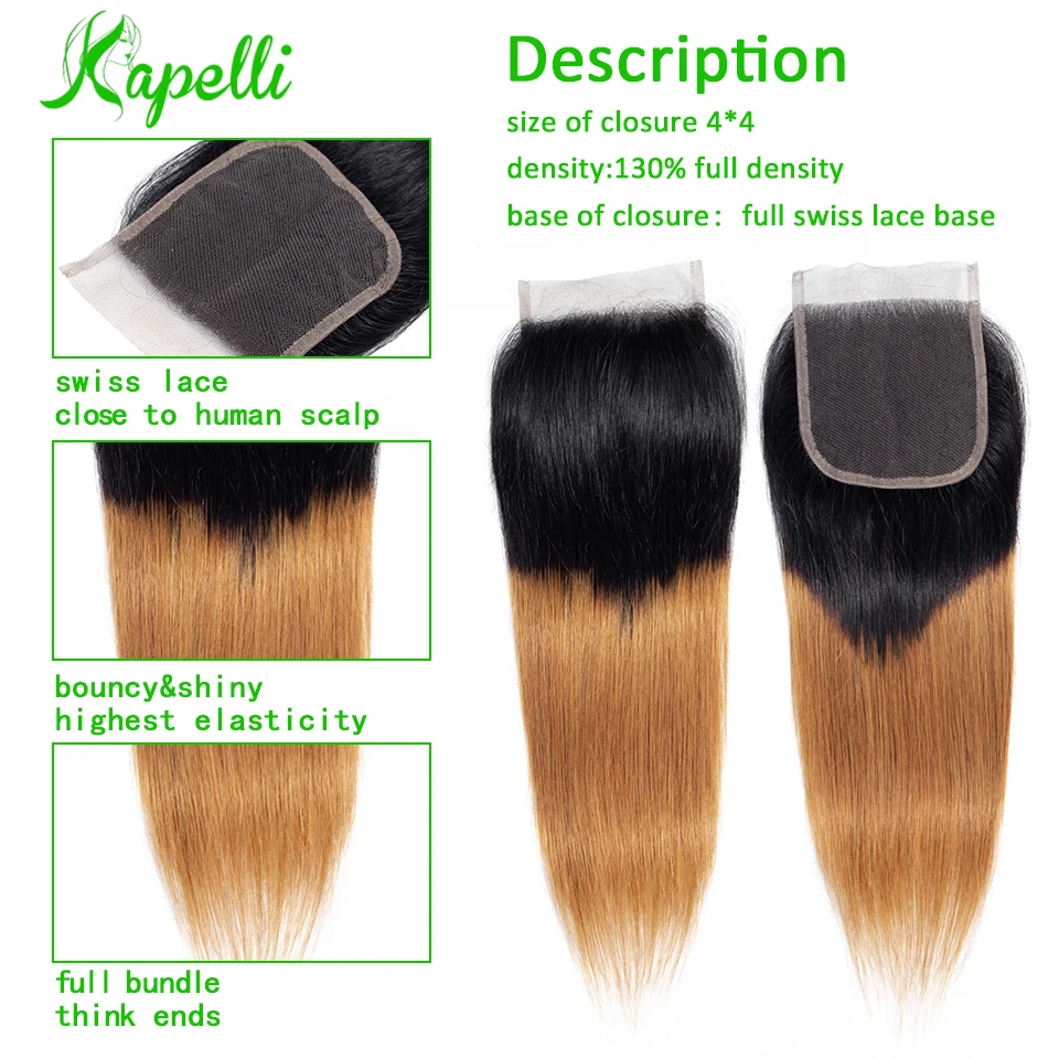  Ombre Bundles With Closure 1B/30 Two Tone Human Hair Weave Brazilian Straight Blonde 3 Bundles With