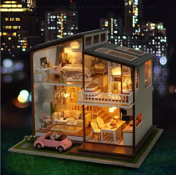 A080 Большой DIY Деревянные кукольные домики миниатюрный кукольный домик мебель Комплект С Пылезащитным покрытием мебель музыка для детей Подарки