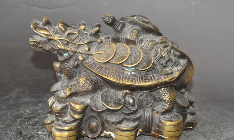 

6"chinese bronze Longevity wealth money coin rich dragon Turtle Tortoise statue