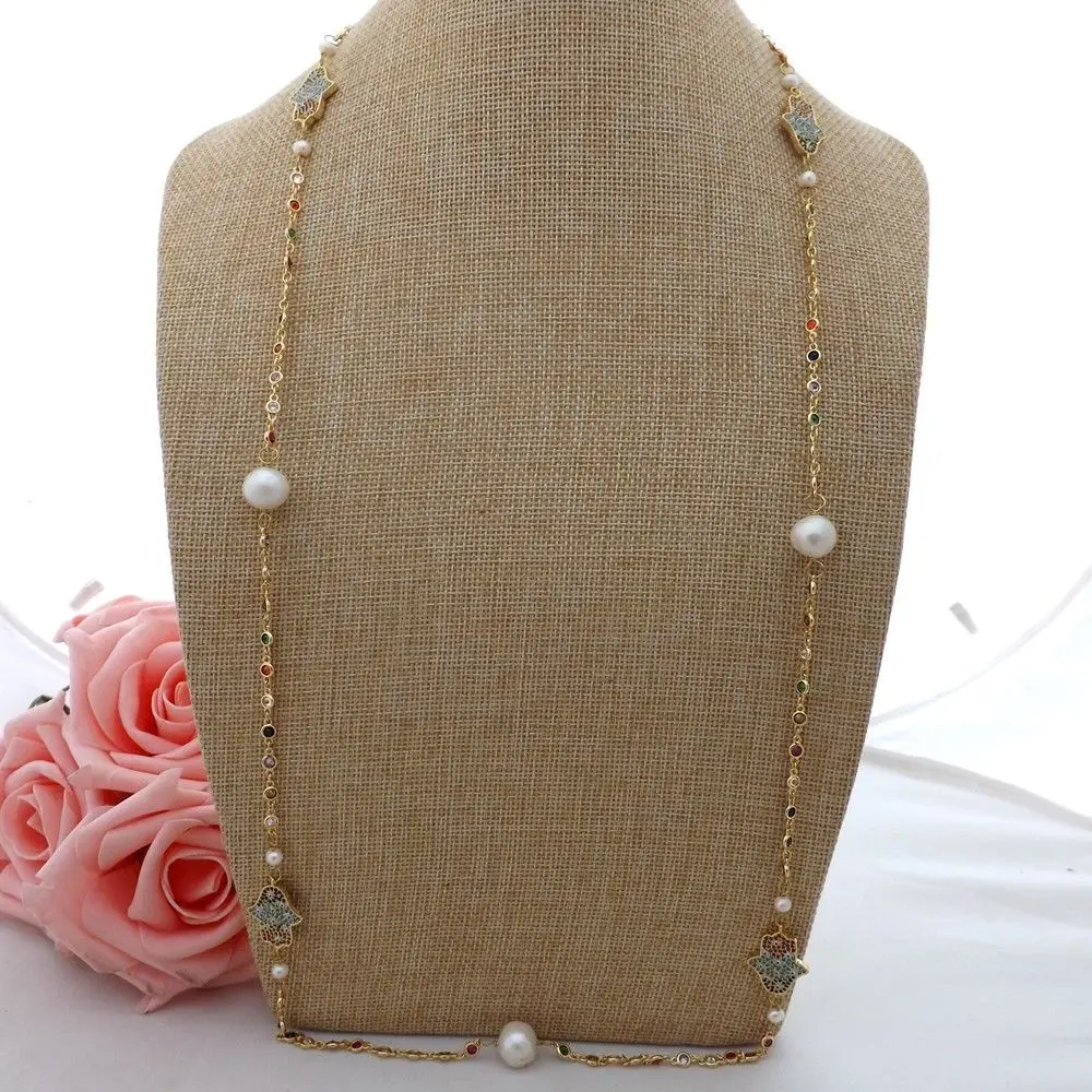 GE063002 36 White Keshi Pearl CZ Pave Hamsa Long Chain Necklace in GE063002 36 White Keshi Pearl CZ Pave Hamsa Long Chain Necklace in