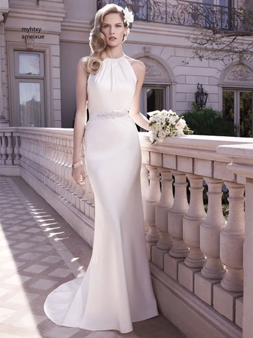 

2018 New Sleeveless Satin Halter Sweep Train Button A-line Sleeveless Cheap Wedding Dress Simple Satin Boho Robe De Bal Bride