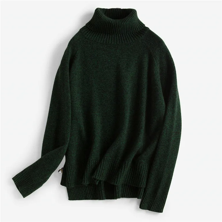 С кроличьим мехом blend Turtleneck Knit Женская мода неровный подол толстый свитер темно-зеленый 2 цвета один и более размер