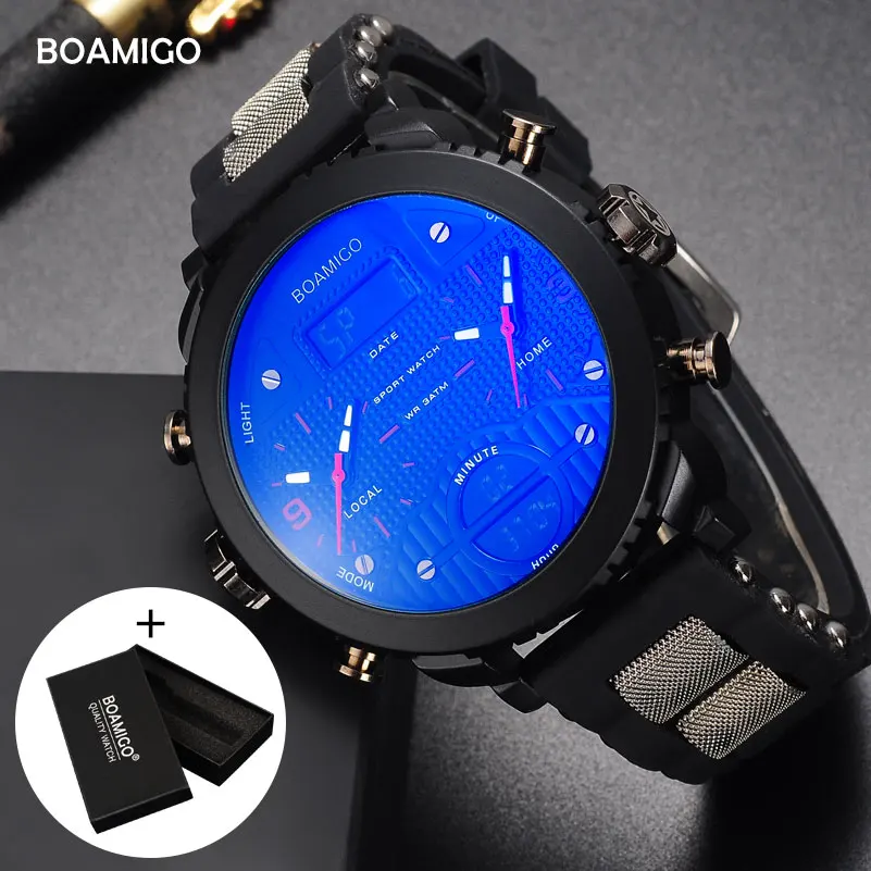 Мужские спортивные часы BOAMIGO, Брендовые мужские часы, 3 часовых пояса, резиновый светодиодный, цифровые часы, военные кварцевые наручные часы, Подарочная коробка F905
