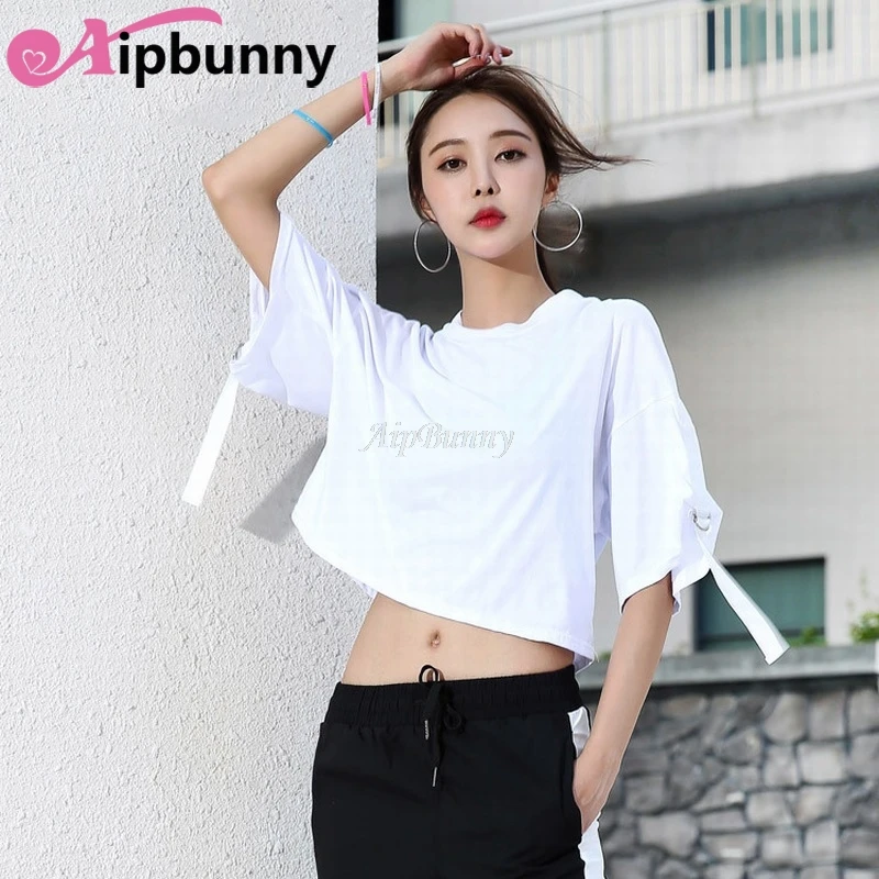 Loose Open Belly Taps Half Sleeves Women Yoga T Shirts Big Girl Gym