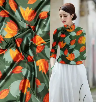 

New Super Have Silk Fabric green flowers Print Retro 97% Natural Silk Fabric Stretch tissu Dress Colth Material for sewing texti