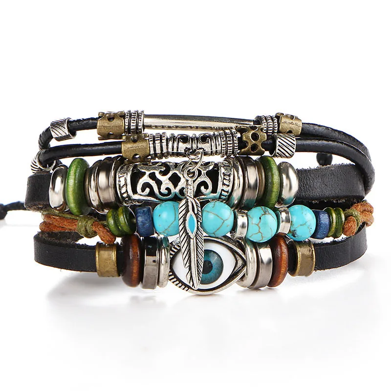 

2017 New Handmade Adjustable Multilayer Wide Genuine Leather Cuff Bracelet Men Bohemian Vintage Feather Evil Eye Charm Bracelets