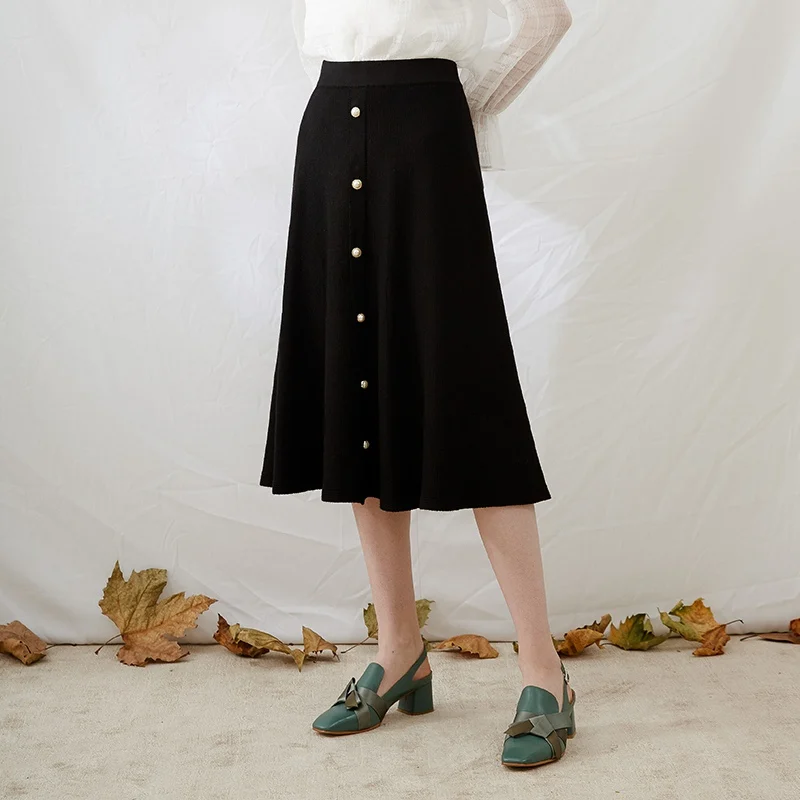 YoungGee Женская юбка-трапеция средней длины с высокой талией, элегантная осенне-зимняя вязаная Высококачественная Тюлевая юбка с бусинами черного и коричневого цвета - Цвет: Черный