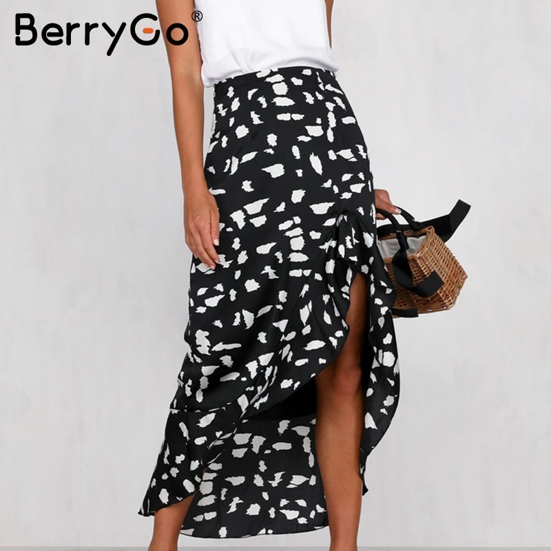 

BerryGo Animal print summer skirt women Ruffle asymmetrical high waist female skirts A line casual ladies midi skirts bottoms