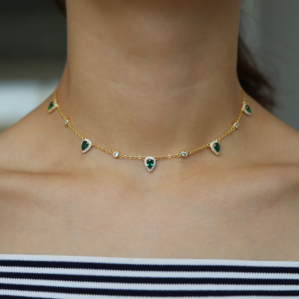 Gold color fashion women lady jewelry green cubic zirconia tear drop cz charm choker collar necklace