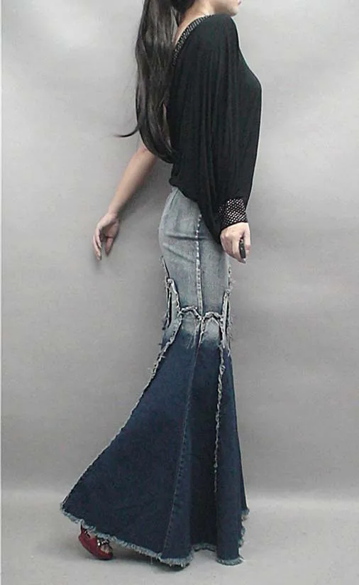 Горячая Распродажа элегантные женские винтажные Плиссированные Длинные джинсы юбка русалки качество Макси тонкий бахрома джинсовые юбки-трубы для женщин