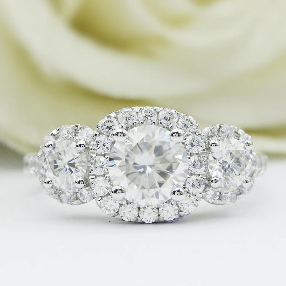 1.2ct 7 мм круглый разрез бриллиант, Муассанит, 14 к твердого золота, 3-Stones Винтаж Halo стиль помолвка/свадьба/кольцо на головщину