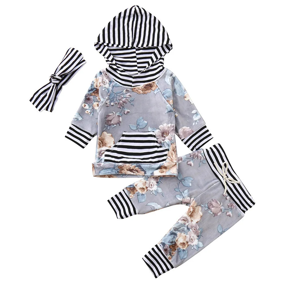 

SAGACE Autumn Winter Newborn Baby Girls Boys Long Sleeve Floral Hooded Tops Striped Pants Leggings Outfits Kid Clothing Jly12