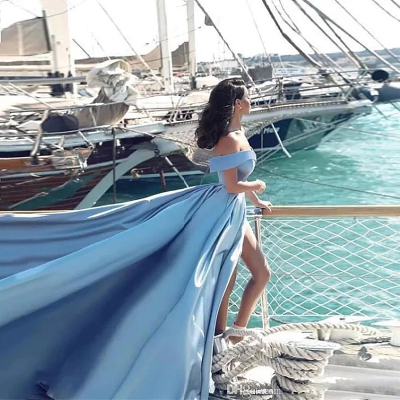 С открытыми плечами синий атласные вечерние платья а-силуэт Vestido вечернее элегантные длинное платье для выпускного сексуальное переднее разделение Формальное вечернее платье