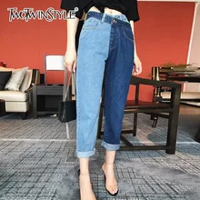 TWOTWINSTYLE лоскутные джинсы для женщин с высокой талией размера плюс Irregualr длинные брюки женские Летняя мода Корейская одежда