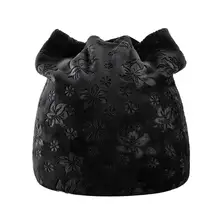 Новые зимние шапки для женщин, модная теплая бархатная женская шляпа на зиму осень с цветочным принтом и кошачьими ушками