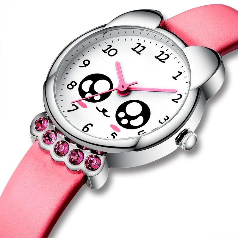 KDM Luxury Girl Watch Kids Cute Fox Bling Rhinestone Waterproof Pink Genuine Leather Watches Lovely Children 1