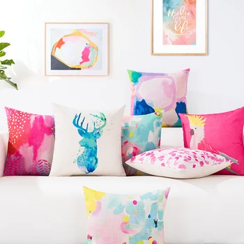 

Nordic Geometry Pink theme Watercolor 4531 Home Decorative Pillow Case Sofa Chair Waist Pillow cover Thick Linen Cushion Cover