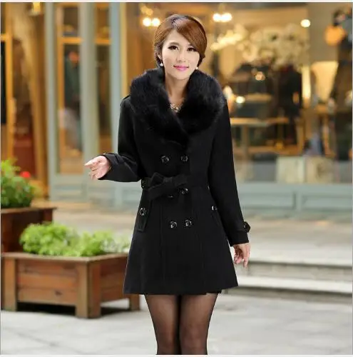 Женское шерстяное пальто 2018 Женская модная зимняя длинная стильная куртка приталенное пальто женская верхняя одежда большой меховой