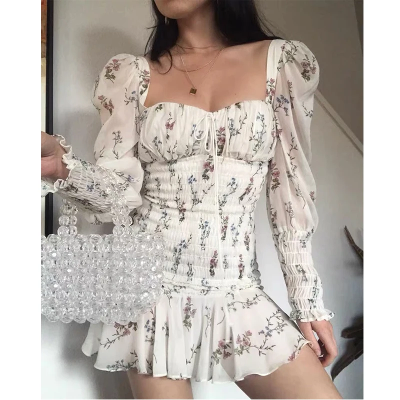Vintage Women Floral Print Puff Sleeve Dress Female Square Neck Ruffle White Office Lady Party for Summer Spring | Женская одежда