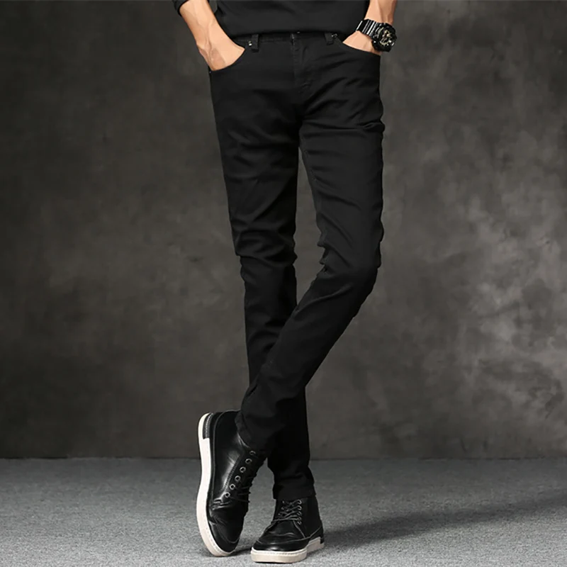 

Casual jeans youth stretch Slim free ironing pencil pants feet pants cotton black waist trousers free shipping