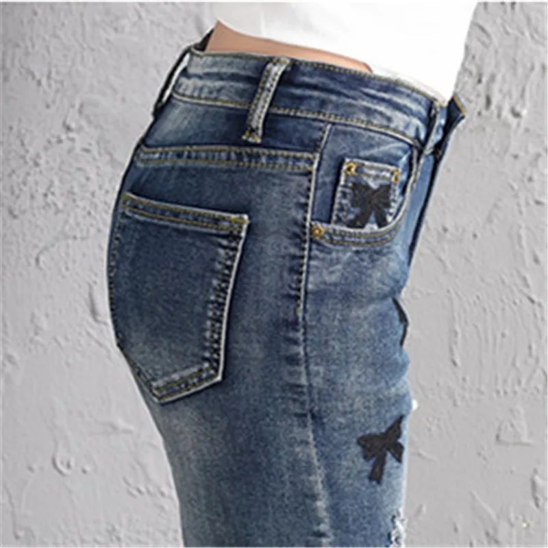 Винтаж Blue Pearl Высокая Талия Джинсы женские Повседневное Тонкий был тонкий Эластичность брюки зима 2018 вышивка джинсовые штаны Для женщин