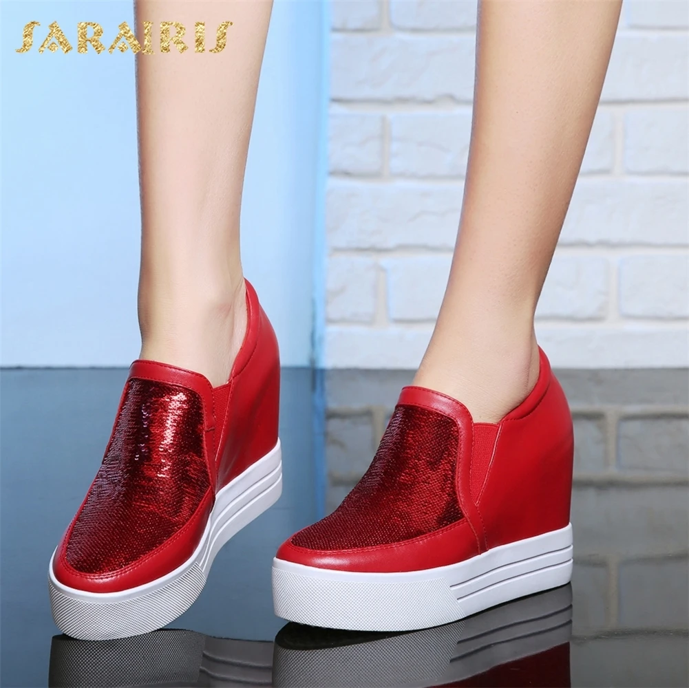 

SARAIRIS 2018 plus size 31-40 Genuine Leather Sneaker Black Red Vulcanize Shoes Woman Hot Sale Increasing Heels Woman Shoes