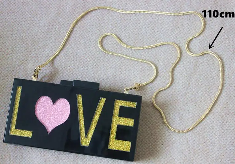 Модный аксессуар, Женская милая сумка, акриловая Ночная Сумочка для ужина с надписью Love, Женская Свадебная вечерняя сумка, модная коробка для вечеринки, клатч - Цвет: Snake chain 110cm
