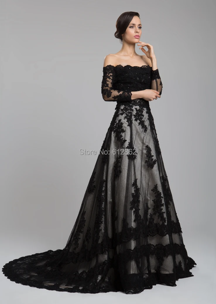 Aliexpress Off The Shoulder Long Sleeve Lace Train Sleeve Lace Long Train A Line Black Aeproduct