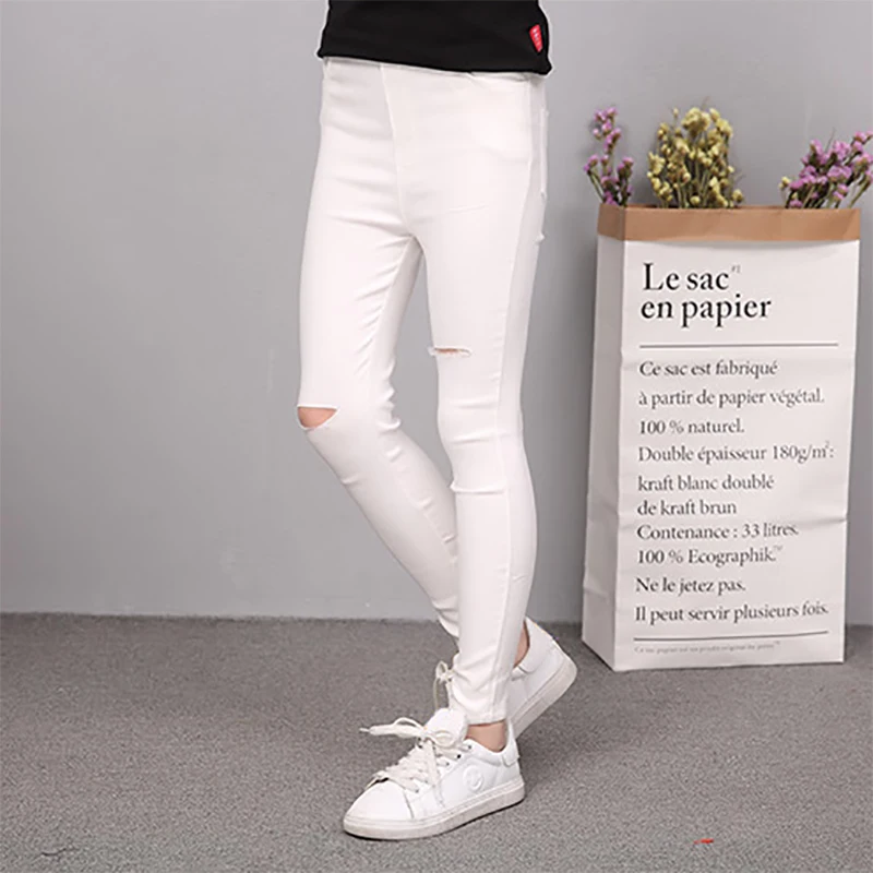 Модные эластичные леггинсы для девочек; хлопковые рваные узкие брюки для девочек-подростков; Узкие детские брюки; школьные брюки для детей 10-12 лет - Цвет: White