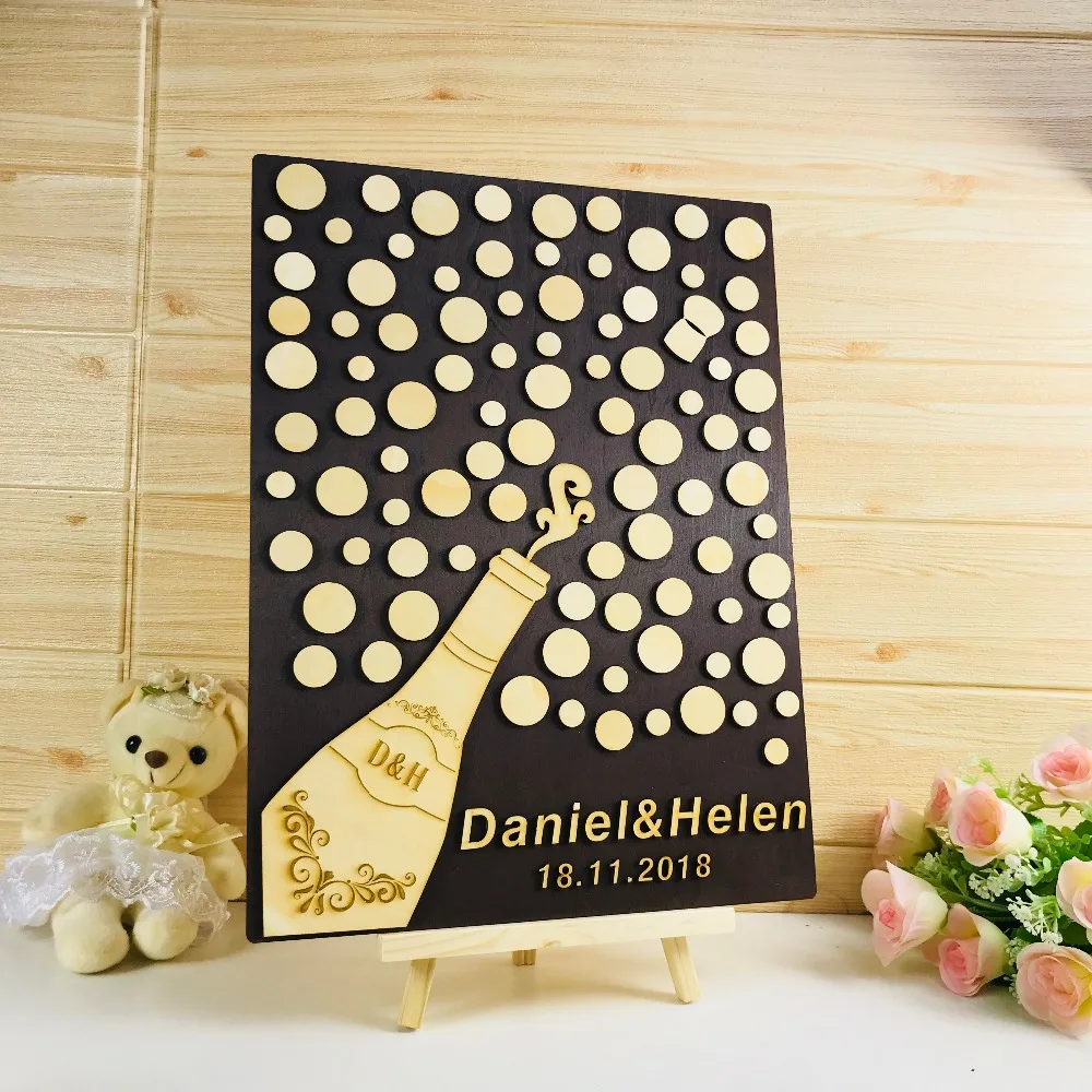 Персонализированная Свадебная книга для гостей, 3D тема уникальная свадебная книга для гостей, пользовательский знак бутылки шампанского свадебная книга для гостей в деревенском стиле