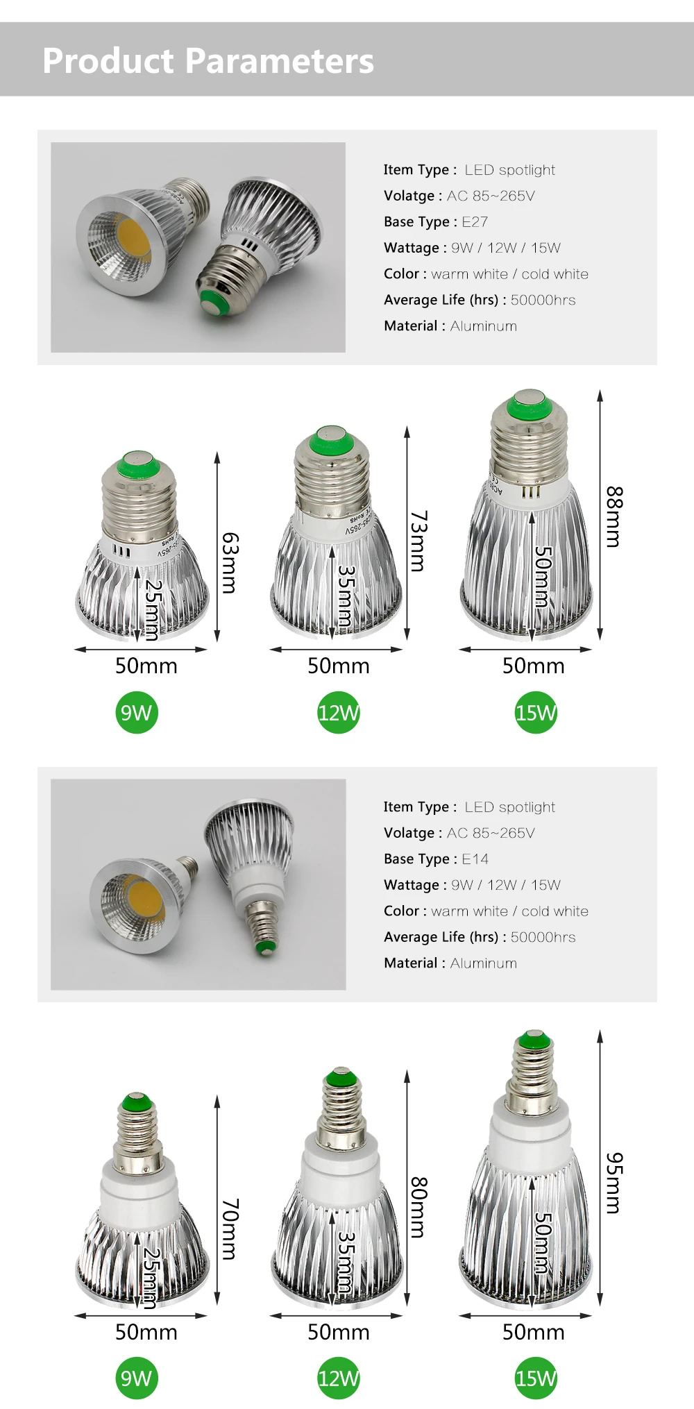 Затемняемый E27 E14 GU10 MR16 светодиодный COB Точечный светильник ультра яркий 6 Вт 9 Вт 12 Вт 15 Вт Точечный светильник лампа высокой мощности AC DC 12 В или 85-265 в