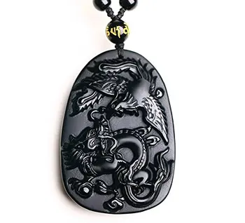 

Natural Obsidian Stone Hand Carved Dragon Phoenix Amulet Charm Pendant Necklace Jewelry Gift Gemstone Wholesale