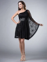 Little Black Dress Short A-linie Einer Schulter Spitze Prom Kleider Schwarz Knie-Länge Cocktailkleider Mit Einem Ärmel cd7922