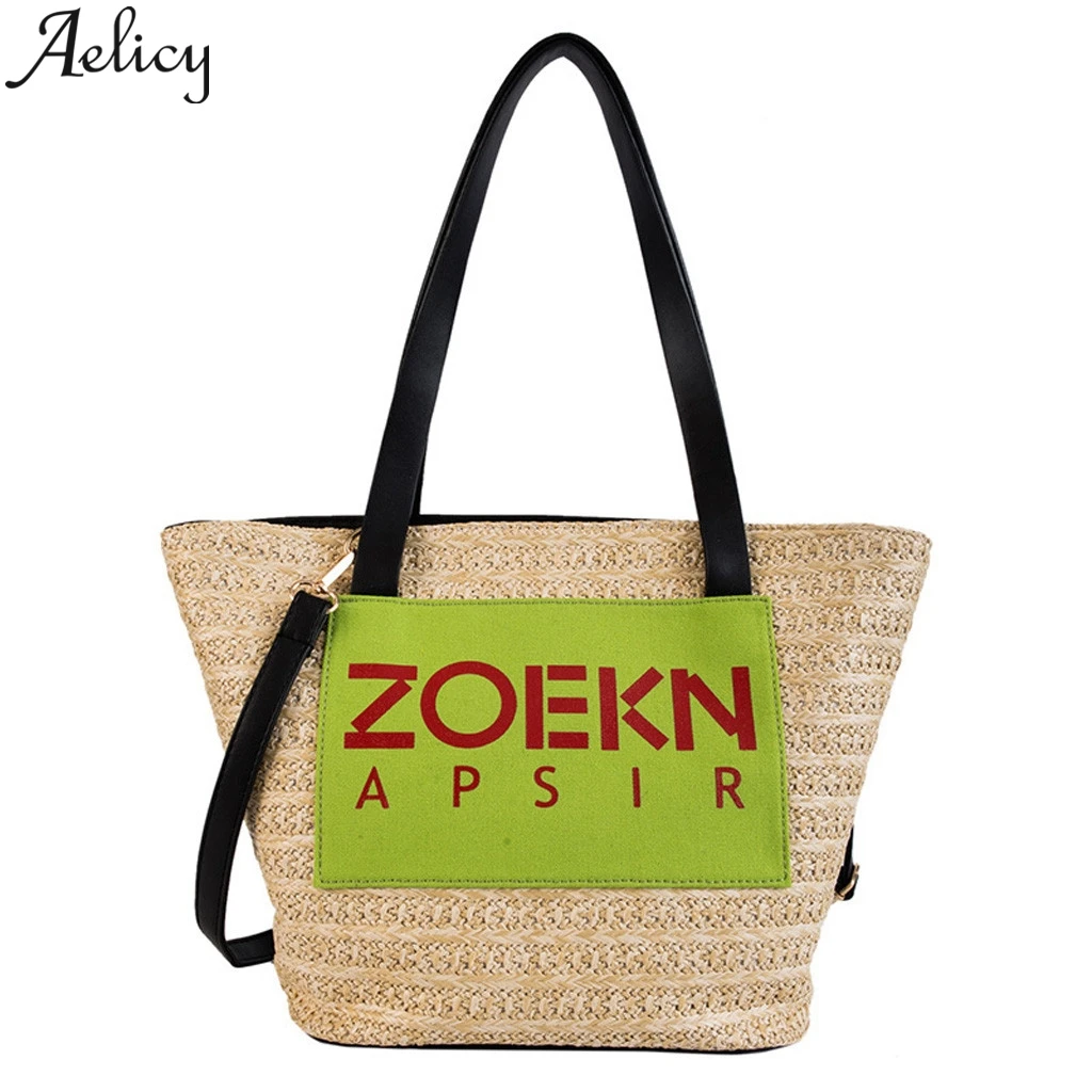 

Aelicy Ladies Vintage Letter Print Woven Beach Shoulder Bag Tote Large Capacity Bag Shopping Bags Straw Bags For Women 2019