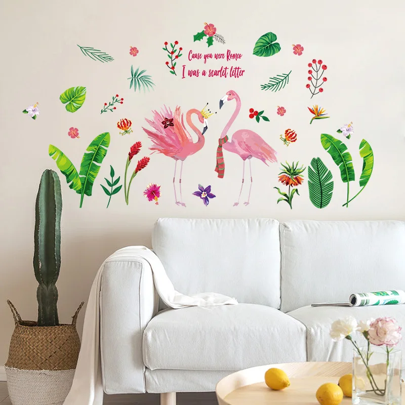 

Nordic style green leaf lovebird flamingo home wall decoration stickers ins girl heart wardrobe hostel dress up wall stickers
