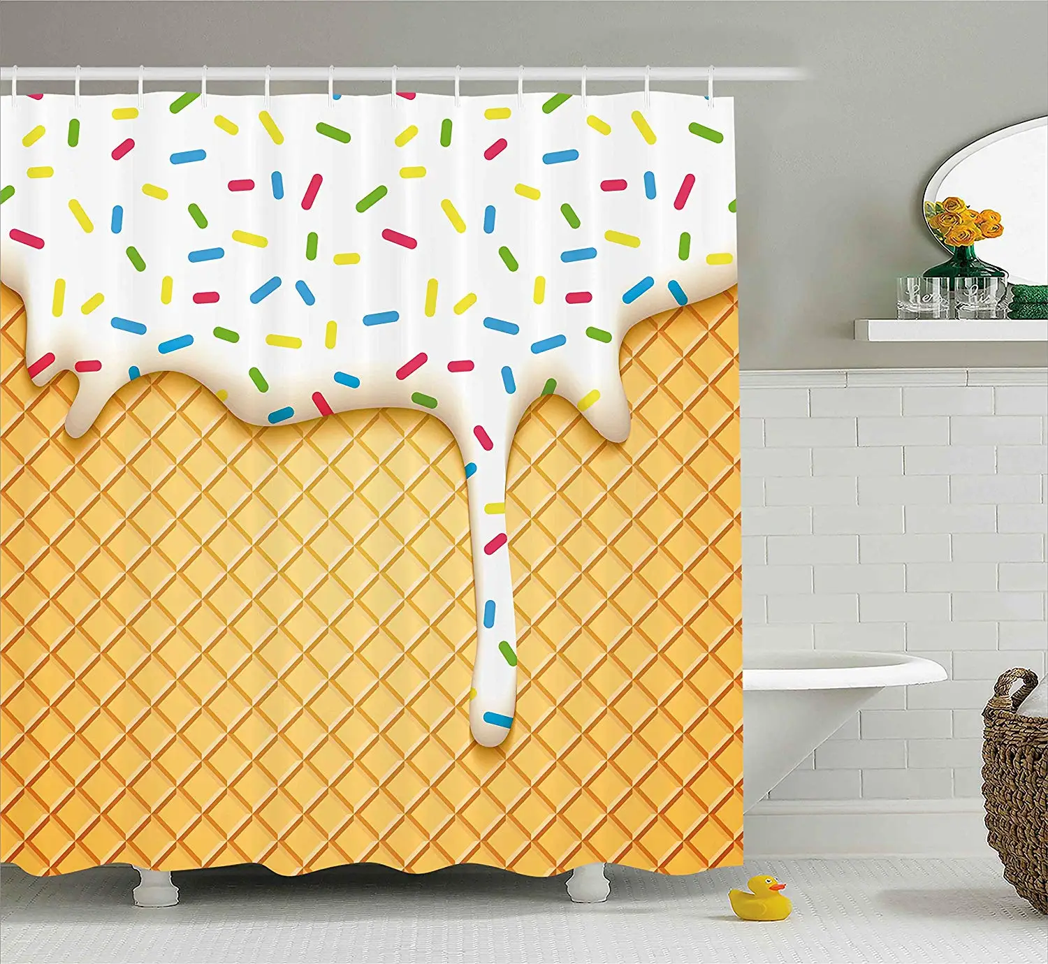 

Food Shower Curtain Cartoon Melting Ice Cream Cones Colored Sprinkles Artistic Print Fabric Bathroom Decor Set with Hooks